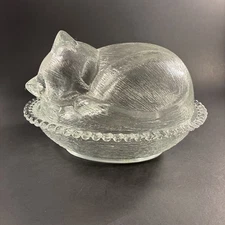 Vintage Indiana Glass Cat Kitten On Nest Large Oval Covered Candy Dish Box Sweet