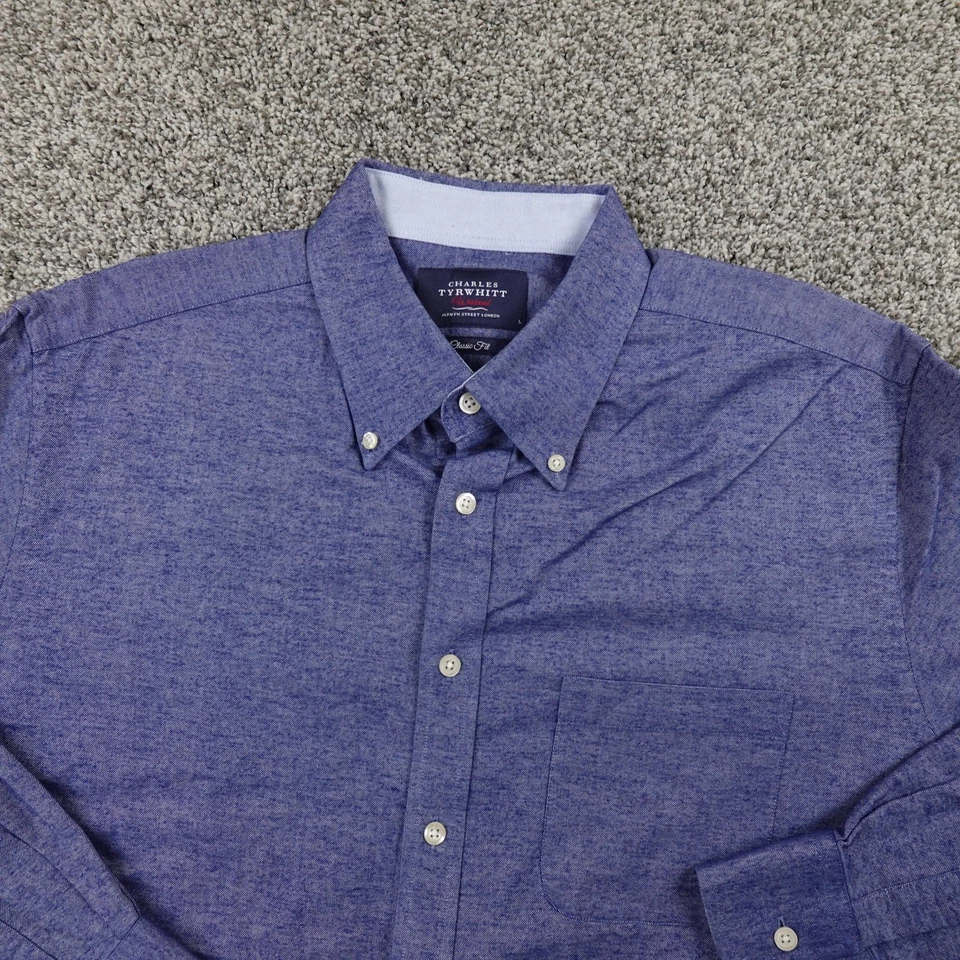 Camisa Charles Tyrwhitt Para Hombres L Azul Cambray Abotonada Manga Larga Vestido Oxford Foto 3 de 4