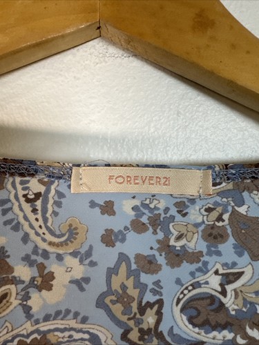 Y2K Vintage Forever 21 blue paisley sheer long-sleeve blouse bell sleeves Sz L - Picture 3 of 9