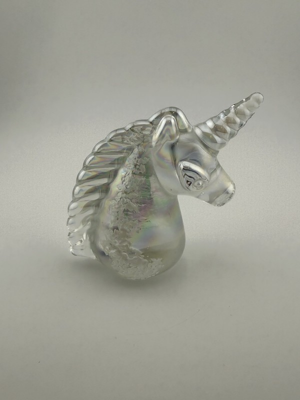 Albert E. Price Iridescent Glass Unicorn Head Paperweight Vintage USA Label