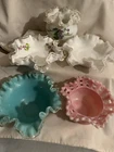5 Fenton Ruffled Bowls - Aqua Pink Basket weave Violets In Snow Silver Crest