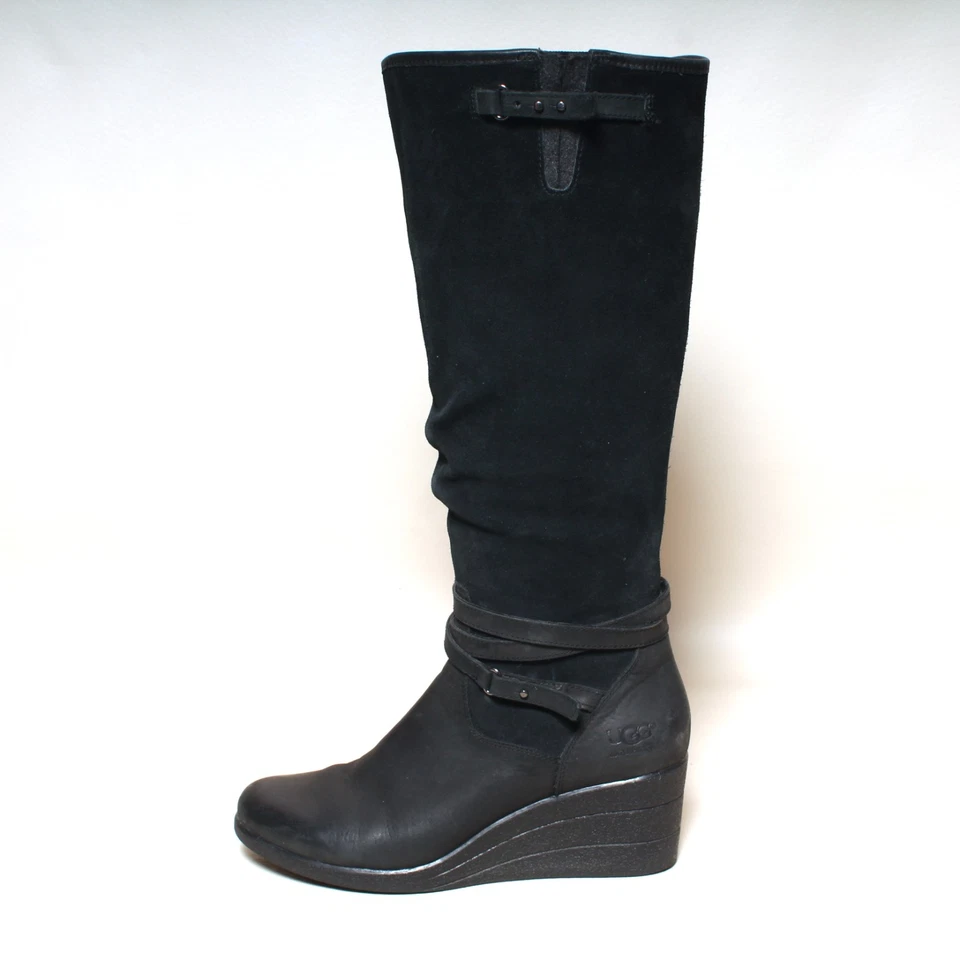 女士 Ugg 靴子 Lesley 尺码 9 黑色皮革防水楔形鞋跟及膝高筒靴 — 第 3/4 张图片