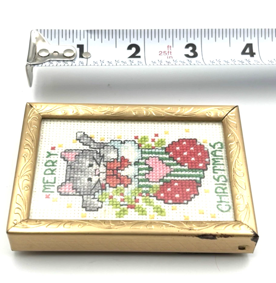 DE COLECCIÓN Feliz Navidad Oro Marco Punto de Cruz Gatitos Pequeño Foto 4 de 4