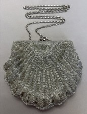 VTG La Regale Silver Beaded Scallop Shell Evening Bag  Art Deco Clutch W/Chain