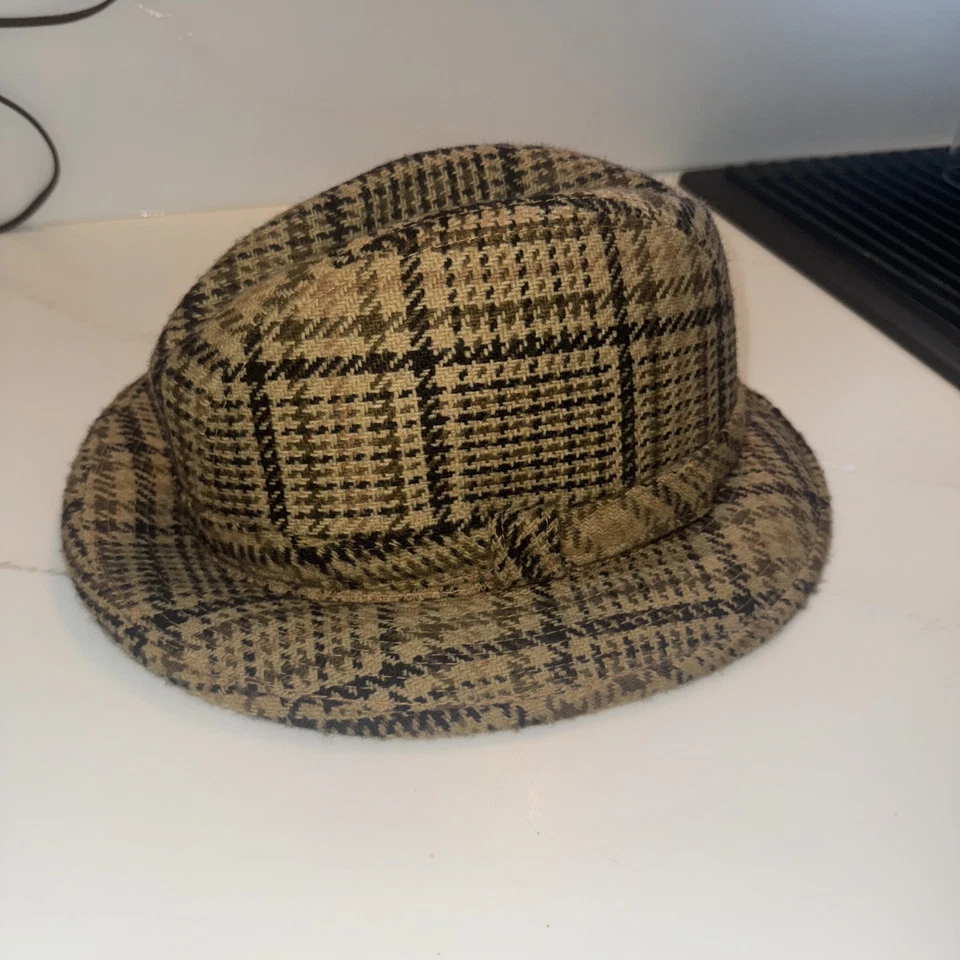True Vintage Beacon Hill Plaid Tweed Fedora Hat Beige Black Olive large  - Image 2 of 4