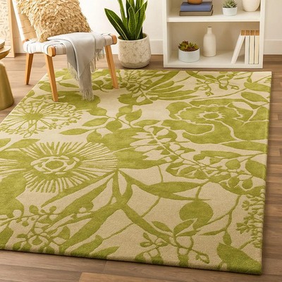 Handgefertigter Wollteppich, Grün Beige, Floral Area Rug, Premium Wool