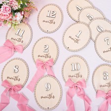 Baby Monthly Milestone Cards Pink Ribbon Bow Wooden Marker Discs 12 PCS