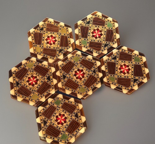 Taracea Salinas Coasters Exotic Woods Star Inlay Spanish Marquetry Design Tiles - Picture 7 of 10