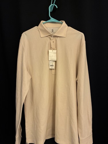 Brunello Cucinelli Men's Cream  Cotton Silk Long-Sleeve Polo Shirt Size XL
