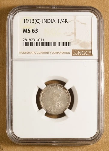 1913 C India 1/4 Rupee NGC MS63