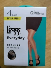 L'EGGS EVERYDAY 4 PAIR EXTRA VALUE 'NUDE' SHEER TOE PANTYHOSE/SIZE QUEEN/NEW