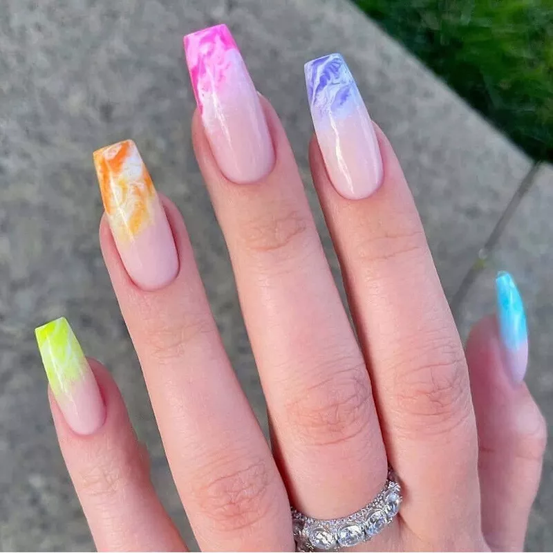 Long Press on Nails Coffin Fake Nails Graffiti Flower Full Cover Glue on  Nails Eye Stars Moon Acrylic Nails with Rainbow Designs Coffin Nails Nail  Art Decorations for Women Girls Style 1