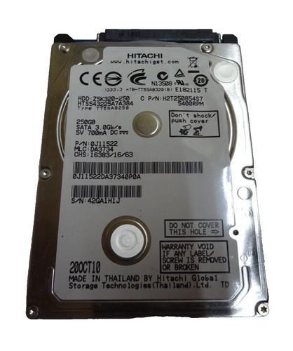 250 GB SATA NOTEBOOK HDD HITACHI HTS543225A7A384 S/N: 42GA1H1J  2,5 " #NFP991