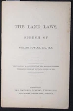 The Land Laws, Wm. Fowler speech at National Liberal Federation 1880 Pamphlet VG
