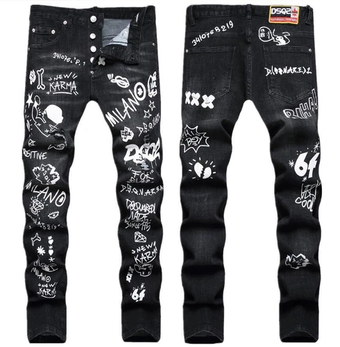 Men's Black Denim White Letter Printed Button Ripped Casual Pants Jeans Trousers - Picture 12 of 13