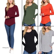 Active Basic 13673 JUNIOR Long Sleeve Round Hem Rayon Knit Slim Fit Top S M L