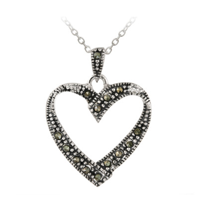 Collier Pendentif Cœur & Clé En Argent 925 Avec Marcassite - Longueur 18 Pouces - Neuf