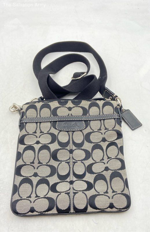 Coach Womens Gray Black Signature Print Adjustable Strap Zipper Crossbody Bag