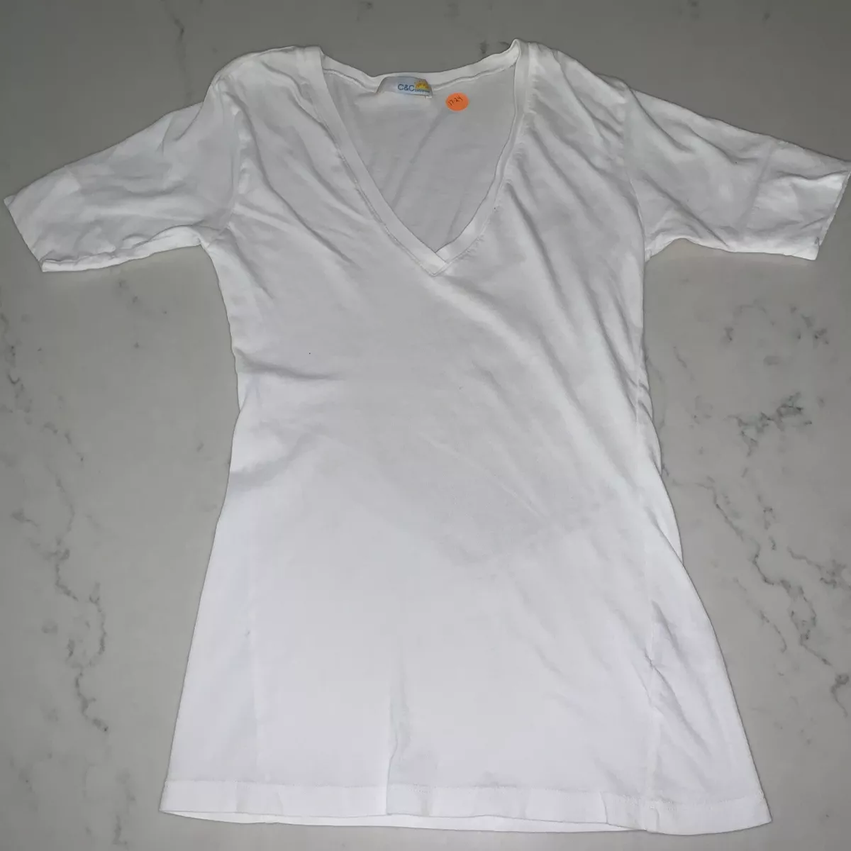 Vintage Graphic Tee Sz S Solid White C C California Deep V Long