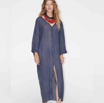 ZARA Linen Kaftan Midaxi Special Edition Blue Sheer Beach Cover-up Size M  UK
