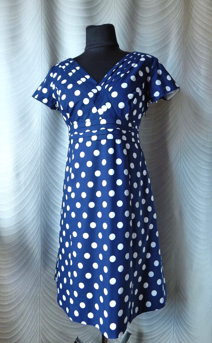 Boden Blue White Polka Dot Dress Cotton Size UK 10P US 6P Short sleeve V N
