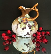 Pitcher Ewer Squat Hand Painted Porcelain With Berries Gold Handle