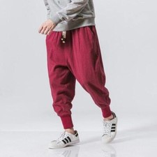 Men's Winter Casual Cotton Linen Stretch Elastic Sweat Pants Joggers Harem Pants