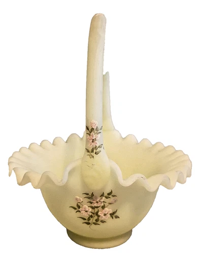 Vintage Fenton Custard Satin Uranium Ruffled Glass Basket Signed Pam A. Glows