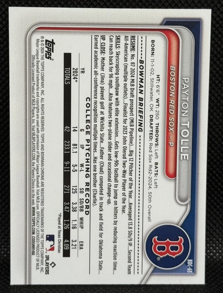 🔥 2024 Bowman Draft Sapphire Payton Tolle 1st Bowman RC  #BDC-63  - Image 2 of 2