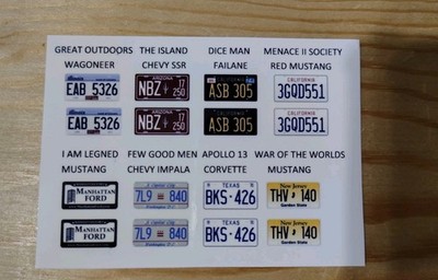 Movie Car 1:18 scale water slide license plate decals white backing