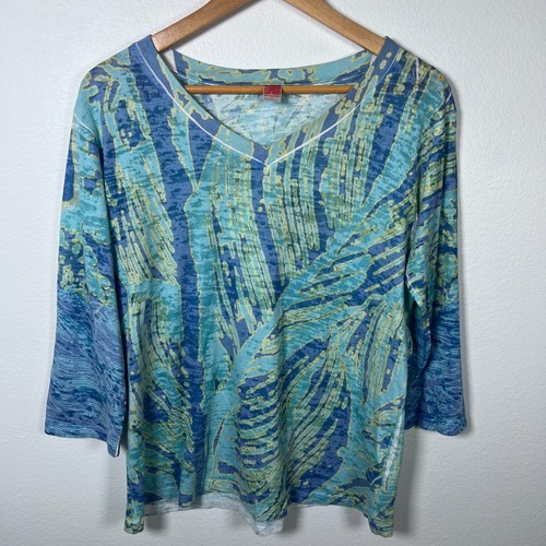 Top donna Before and Again taglia XL blu verde manica 3/4 leggero scollo a V - Foto 9 di 9