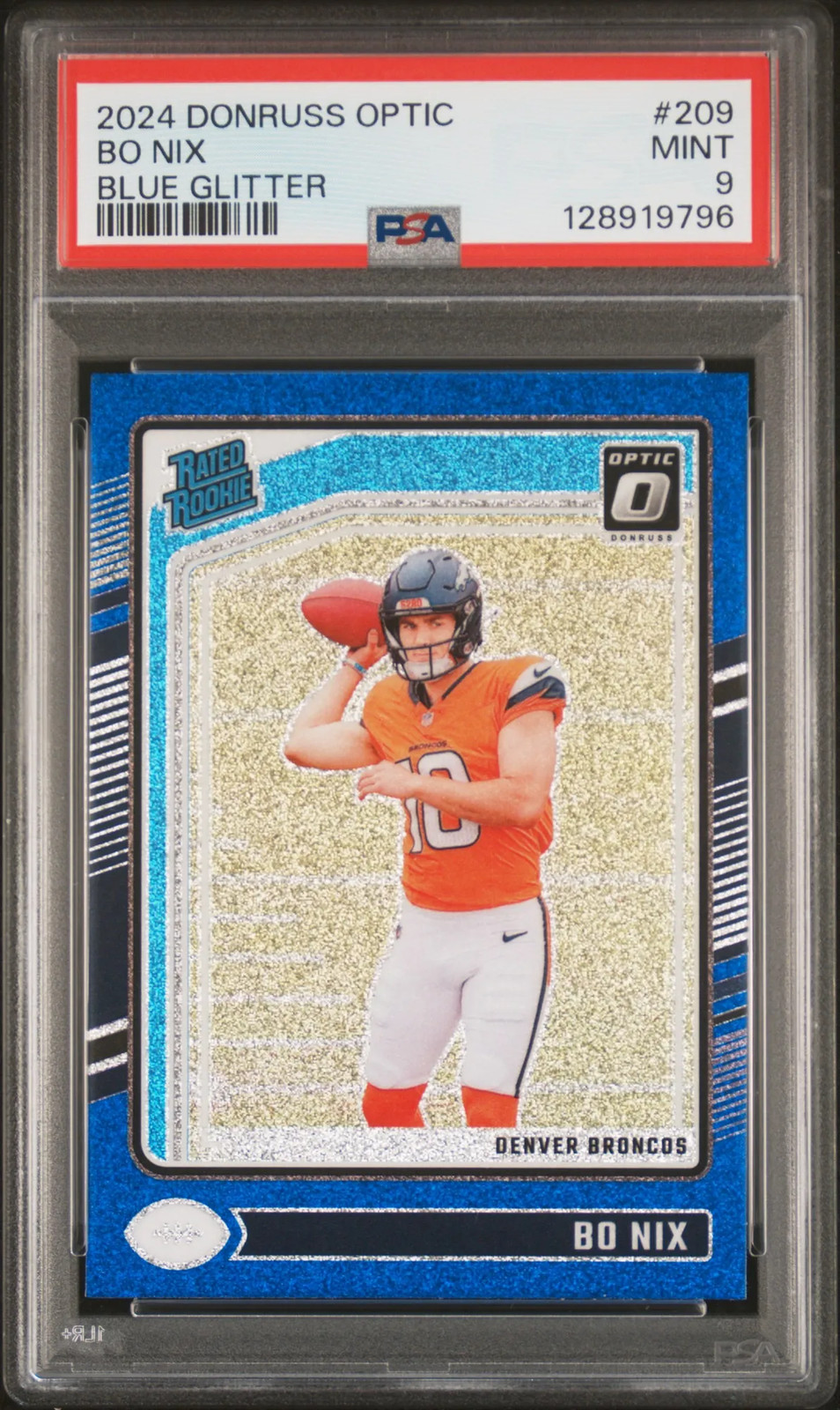 2024 Panini Donruss Optic Bo Nix #209 PSA 9 Blue Glitter SP Rookie RC Broncos