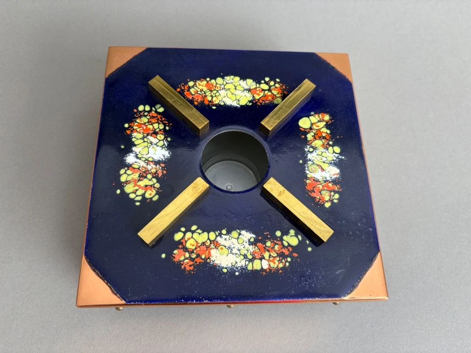 Vintage Stövchen Rechaud Emaille Kupfer Messing 60er Blau Gold Mid Century TOP - Bild 4 von 4