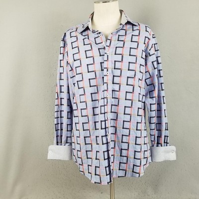 Bugatchi Uomo Shirt Mens Large Blue Multicolor Plaid Classic Fit Contrast Cuff