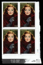 US Scott # 4350, Bette Davis, Actress, Plate Block of (4) 2008 42¢ Stamps, MNH