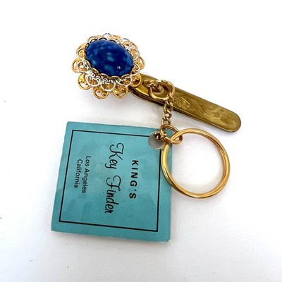 Vintage King's Key Finder Ornate Gold Tone Blue Color Stone Purse KeyClip 
