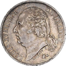 [#981588] France, Louis XVIII, 1 Franc, 1816, Paris, Silver, AU, Gadoury:449