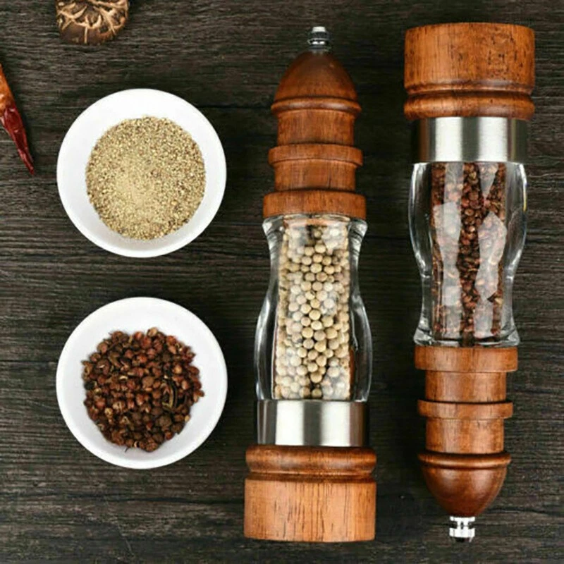 Salt Pepper Mill Set Wooden Adjustable Ceramic Spice Grinder Kitchen Tool