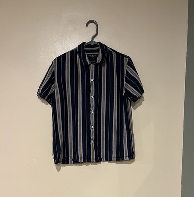 Rag & Bone Avery Navy Yellow Striped Linen Blend Short Sleeve Button Down Size S