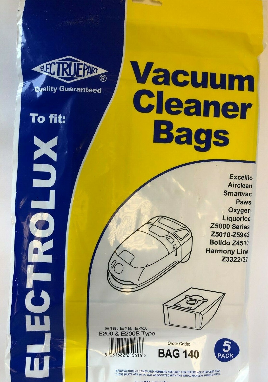 Electrolux E200 E200B E15 E18 E40 S BAG Z5000 Z3322 Z3332 5 pack hoover