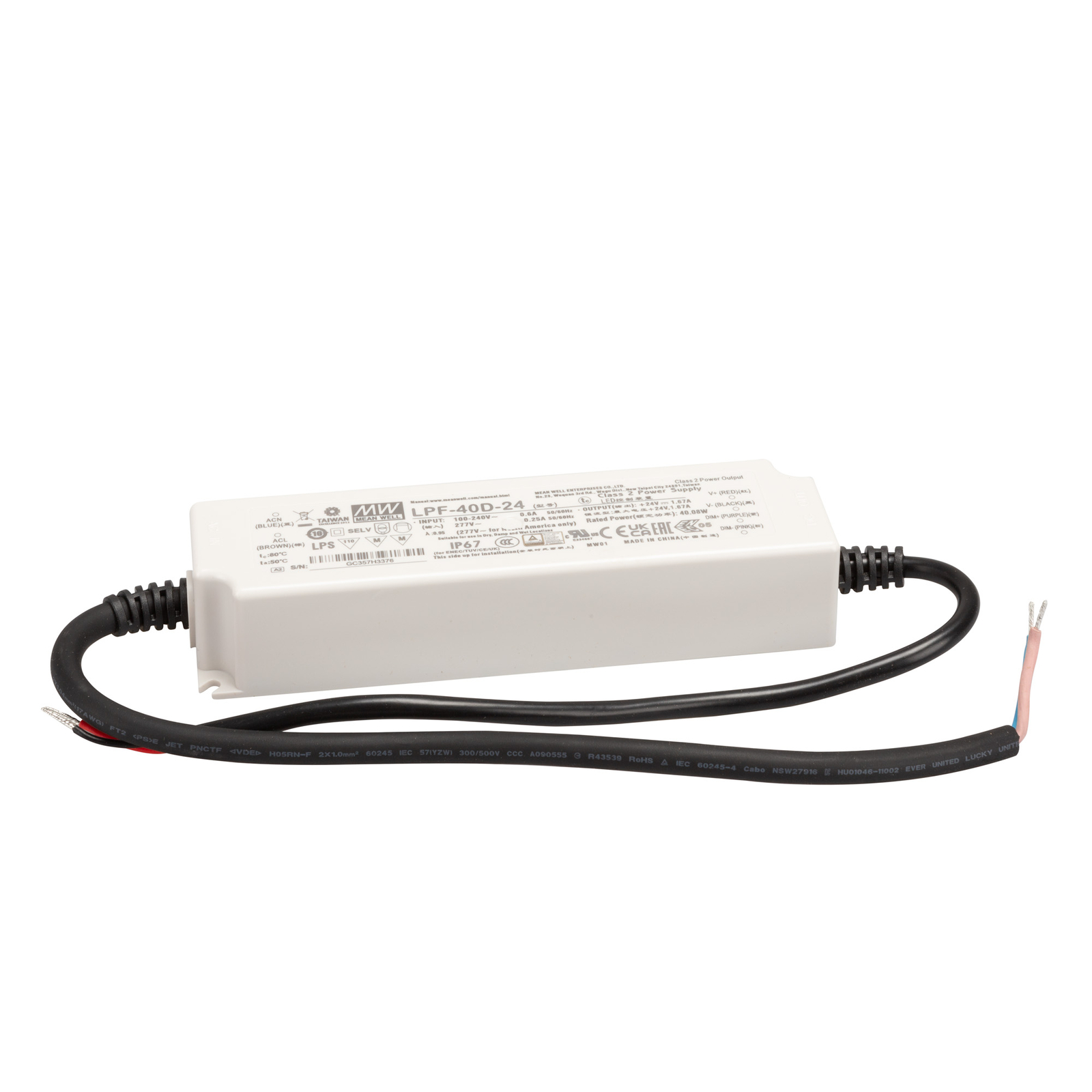 Mean Well LPF-40 Power Supply IP67 40W 24V/1.67A CV+CC Dimmable