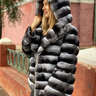 Women Chinchilla Coat Hooded Winter Real Rex Rabbit Fur Jacket