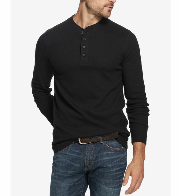 160 Weatherproof Vintage Men's Black LongSleeve RegularFit Henley T