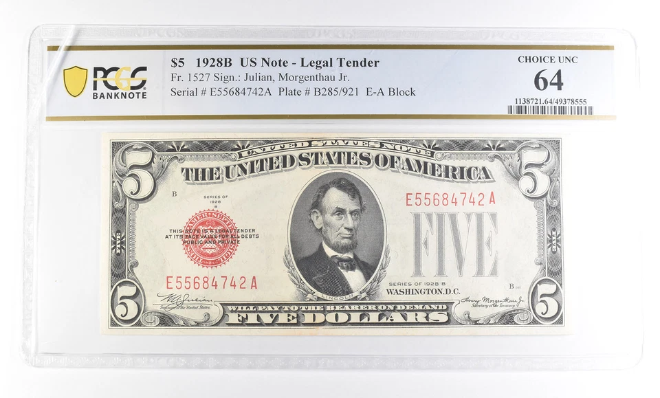 1928 B $5 US Legal Tender Fr#1527 Choice Unc 64 PCGS *2385