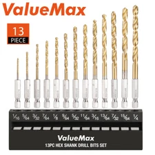 ValueMax 13-PIECES 1/16"-1/4" Drill Bit Set Hex Shank Impact Drill Bit HSS Twist