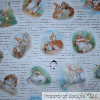 BonEful FABRIC FQ Cotton Quilt White Brown Bunny Rabbit Spring Easter Girl Boy S