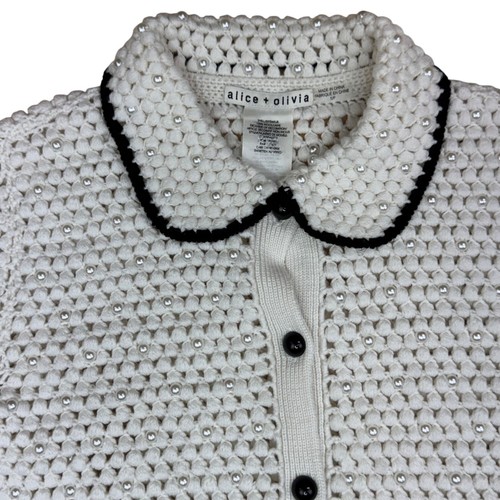 Alice + Olivia Wool Crochet Pearl Peter pan collar Preppy Cardigan SP - Flaw- - 第 2/9 張圖片