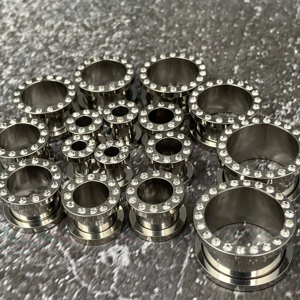 Par de túneles de gemas de circonita cúbica de tornillo de acero juego medidores tapones ELIGE EL TAMAÑO Foto 3 de 4