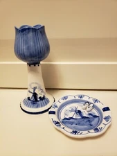 DELFT BLUE 2 pc Lot  Tulip Candlestick Candle Holder & Ashtray w/ Clogs Shoes