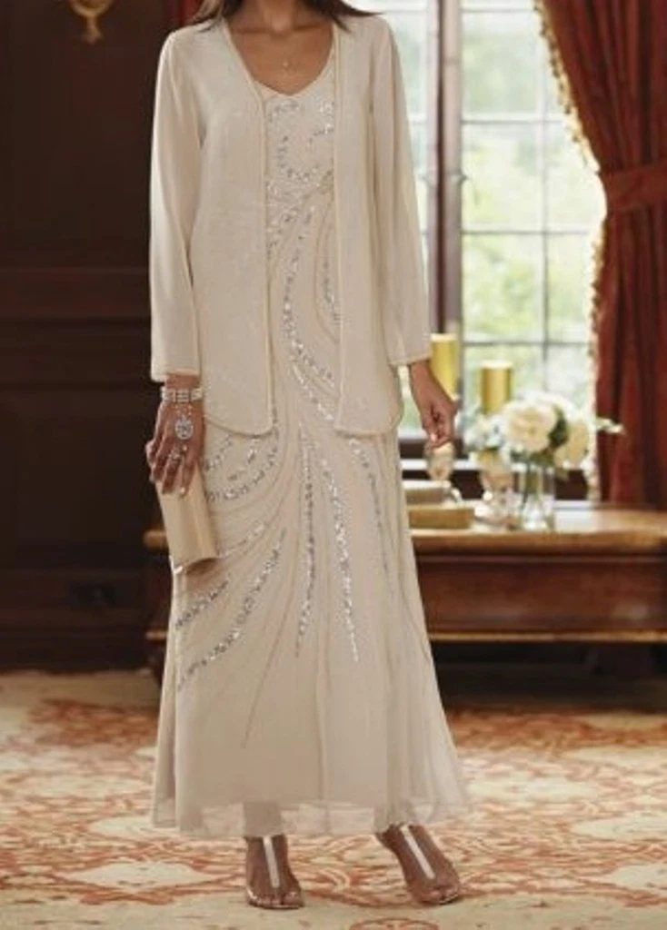 Cream dress and jacket shop for wedding
